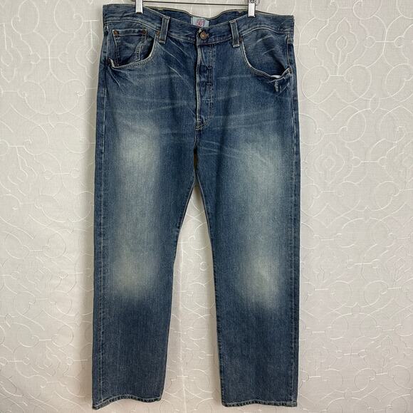 VTG 90s Levis 501 Button Fly Jeans Mens 38x32 Blue Baggy Wide Leg Irregular 4093 - Picture 1 of 11